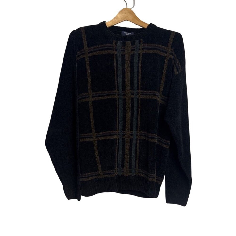 Vintage Dockers Mens Black Brown Plaid Acrylic Blend Sweater Grandpa Criss Cross
